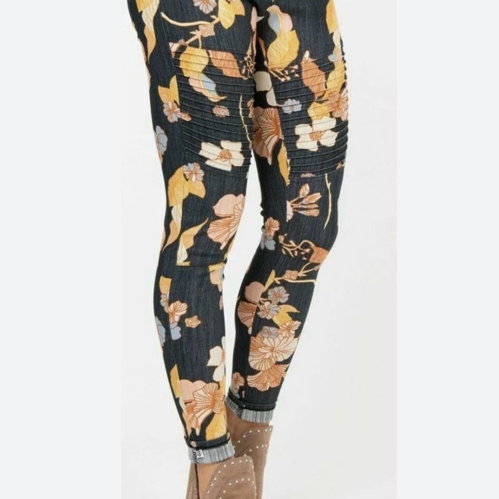 AGNES & DORA MOTO FLORAL BOTANICAL BLACK STRETCH KNIT JEGGINGS PANTS LEGGINGS SM
